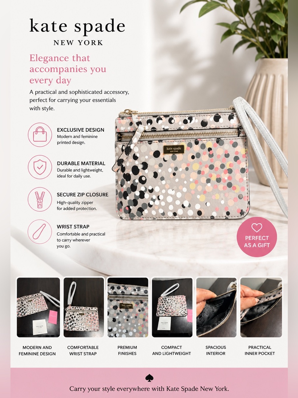 Kate Spade Gray and Pink Wristlet Shore Street Soiree Dot Tinie